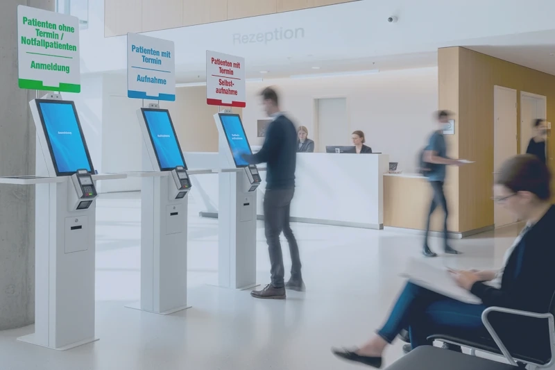 Ein Patient steht in der Klinik an einem Kioskgerät zur Patientenaufnahme. Dieses Bild wurde mithilfe von Künstlicher Intelligenz generiert.