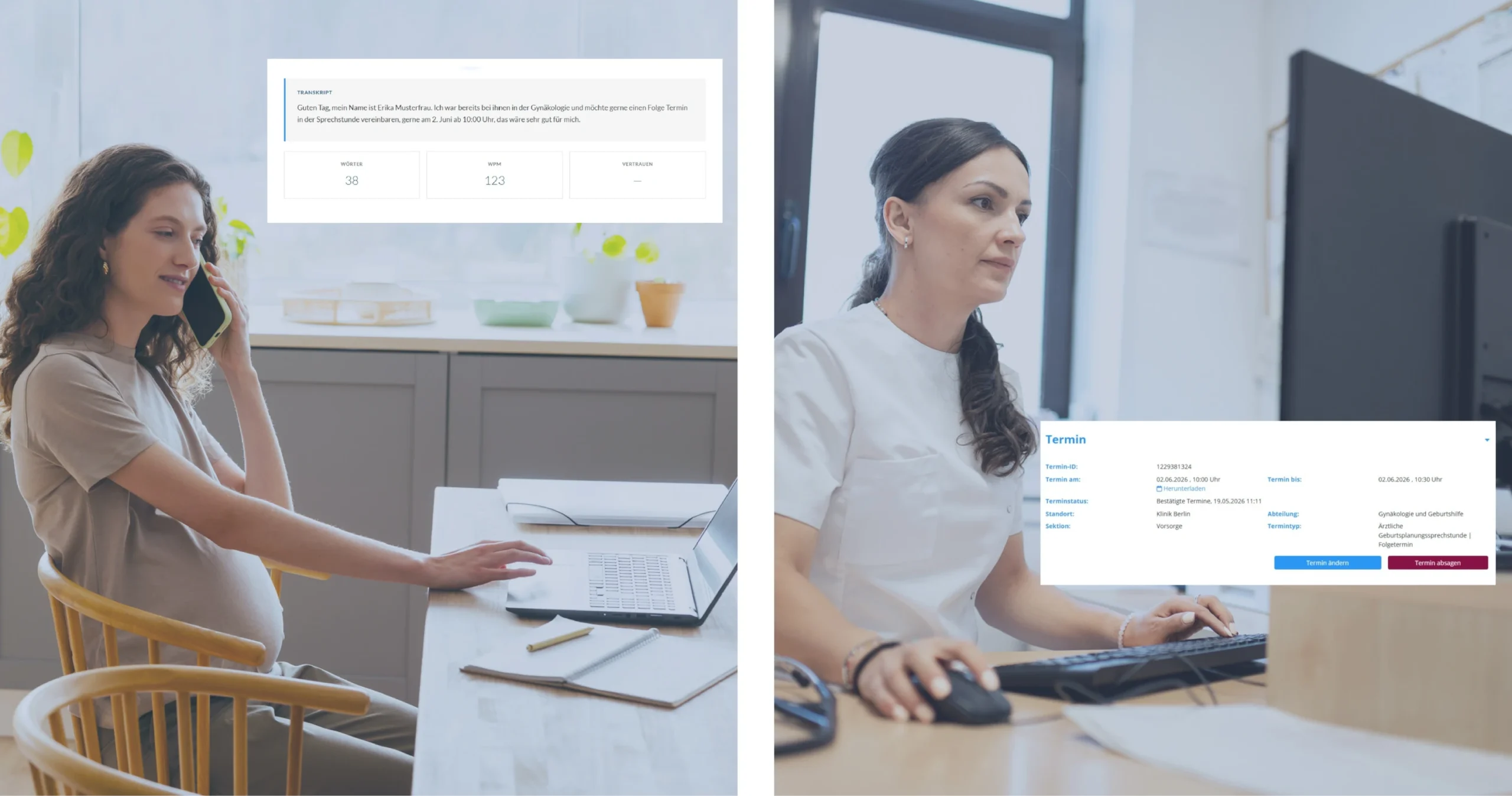 Eine Patientin stellt eine Anfrage über den POLAVIS KI-Telefonassistenten, eine Ärztin arbeitet mit den Daten daraus im Patientenportal.